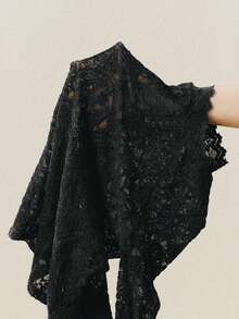 Revavyn 女士天鹅绒蕾丝面料，网纱袖口，双层喇叭袖口，修身剪裁，优雅日常风格，黑色长袖打底衫。适合秋季穿着。蕾丝长袖上衣，黑色蕾丝上衣，新年必备。 - 黑色 - 查看 8