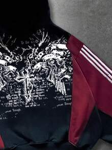 ROMWE MEN Street Life Men's Patchwork Contrast Color Hoodie, Loose Cropped Style - Black - View 3