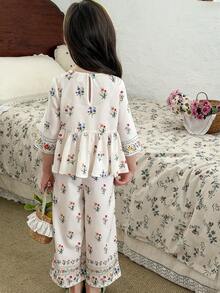 LMoss Kids 女童碎花圆领长袖上衣和裤子套装 - 白色 - 查看 5