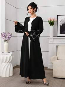 Al Najma Women's Black Twist Bubble Sleeve Elegant Arabic Abaya Robe, Spring/Summer - Black - View 3