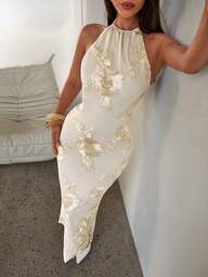 Aloruh Women's Apricot Embroidered Halter Backless Dress, Spring/Summer Women Dresses Champagne Halter Neck Dress