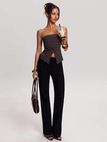 SHEIN BAE 春夏女式休闲度假街头风无肩带条纹叠层下摆开衩抹胸上衣，开衩下摆设计，完美适合休闲外出、日常穿着、休闲装扮和户外活动。Y2K风格上衣，条纹上衣，姐妹街头风。 - 棕色 - 查看 5