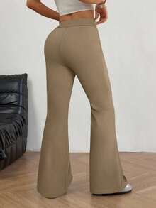 SHEIN EZwear Pantalones acampanados con bordado marrón café para mujer - Café integral - Ver 2