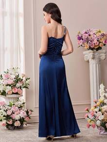 Pitira Teen Girl Navy Blue Patchwork Silver Beaded Ribbon Ruched Elegant One Shoulder Dress Blue Wedding Guest Dress Long Blue Formal Dress One Shoulder Blue Dress Royal Blue Formal Dress Blue Evening Dress With Slit