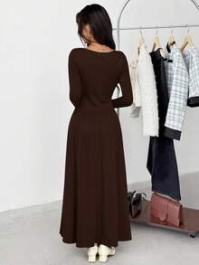 SHEIN Teen Girl Casual Minimalist Comfortable Long Sleeve Cinched Waist Mid-Length Dress - Brown - View 2