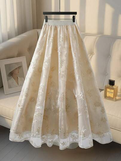 GlowEve Women's Elegant Delicate Heavy Embroidered Mesh Dual-Color Textured Random Cut Elastic Waist Flared Layered Skirt, Spring/Summer