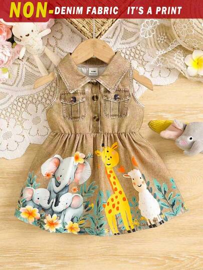 SHEIN 1pc Baby Girls' Lapel Button Sleeveless Denim Print Cartoon Animal Pattern Cute Fashionable Versatile Retro Light Blue Casual Sundress With Fake Pockets, Summer New Arrival