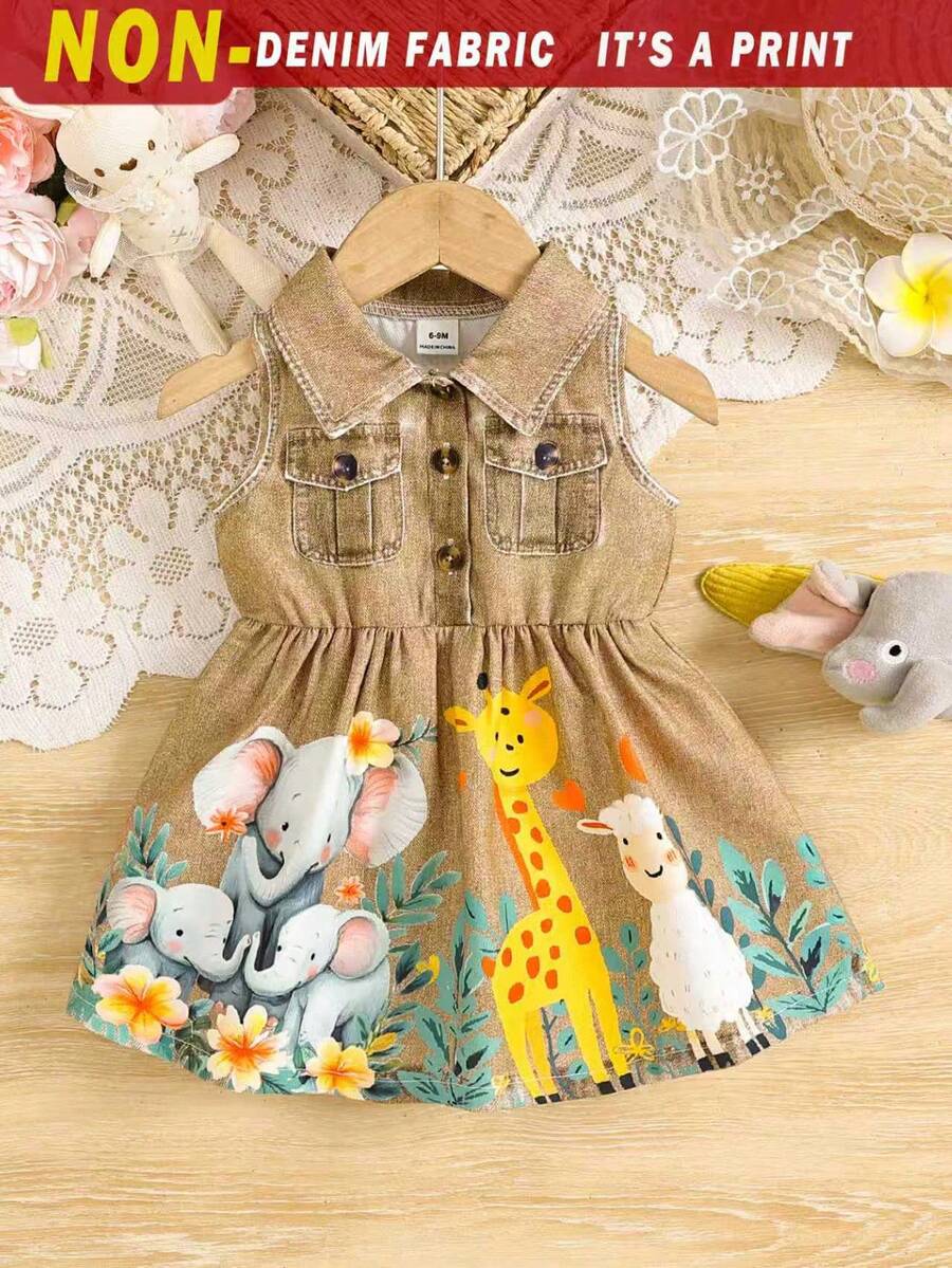 SHEIN 1pc Baby Girls' Lapel Button Sleeveless Denim Print Cartoon Animal Pattern Cute Fashionable Versatile Retro Light Blue Casual Sundress With Fake Pockets, Summer New Arrival - Camel - View 1