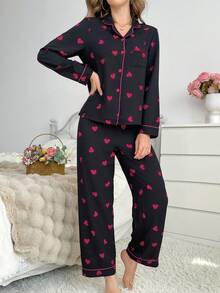 Contrast Trim Collared Button Down Ruffled Heart Sleepwear Pajama Set, Fall Winter Clothes