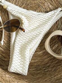 Swim Mod Women's Textured Beaded Halter Bikini Set, Spring/Summer - Beige - View 5