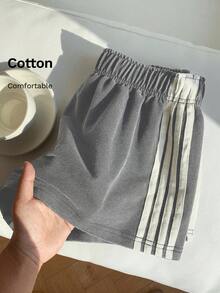 Comfortcana Quần short ống rộng dệt kim màu xám, họa tiết sọc chắp vá, thường ngày mùa hè dành cho nữ - Xám - Xem 7