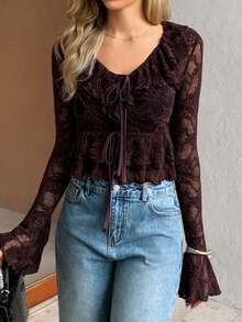 Elyressa Women's Lace V-Neck Ruffle Flare Sleeve Blouse - Brown - View 5