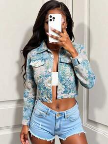 BamGleam Áo khoác ngắn Blue Daisy Jacquard, ve áo đơn hàng khuy, phong cách công sở thường ngày, áo thun nữ dáng ôm họa tiết hoa nhỏ xinh xắn khi đi làm - Màu xanh lam - Xem 1