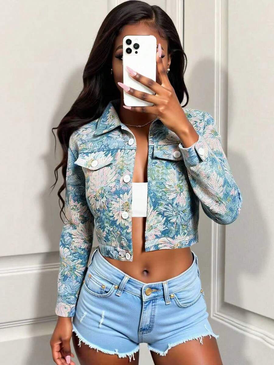 BamGleam Áo khoác ngắn Blue Daisy Jacquard, ve áo đơn hàng khuy, phong cách công sở thường ngày, áo thun nữ dáng ôm họa tiết hoa nhỏ xinh xắn khi đi làm - Màu xanh lam - Xem 1