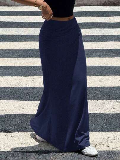 SHEIN Tonårsflickor marinblå enfärgad plisserad sjöjungfrukjol, avslappnad och minimalistisk