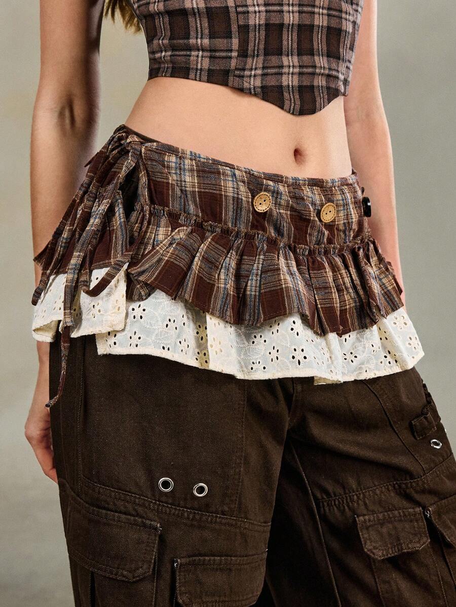 ROMWE Anime Đầm quấn xếp ly kẻ caro, kiểu dáng Y2K với nhiều lớp ở eo, có thắt lưng điều chỉnh và cúc cài (màu cúc ngẫu nhiên). - màu nâu - Xem 1