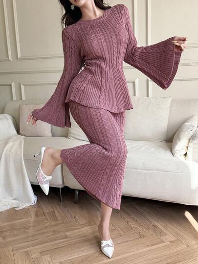 Modelyn 女士休闲纯色喇叭袖毛衣和针织裙两件套，秋冬