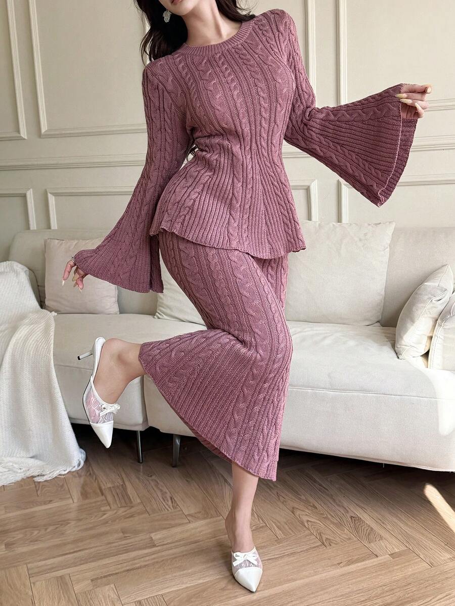 Modelyn Conjunto de 2 piezas de suéter de manga de campana de unicolor casual y falda de punto para mujer, otoño/invierno - Rosa - Ver 1