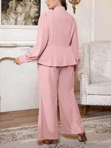 Firerie Plus Size Women 2pcs Set - Pink Lantern Sleeve Top And Pants, Elegant Outfit Suitable For Traditional Gatherings, Parties, Commute And Workplace Blouse And Pants Set Modest Two Piece Set Elegant 2 Piece Set Formal Two Piece Set - Dusty Pink - View 4