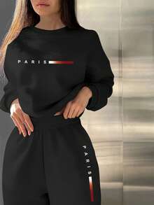 BamGleam 巴黎极简主义数码印花休闲舒适百搭女士两件套运动衫和裤子套装，带保暖内衬 - 黑色 - 查看 6