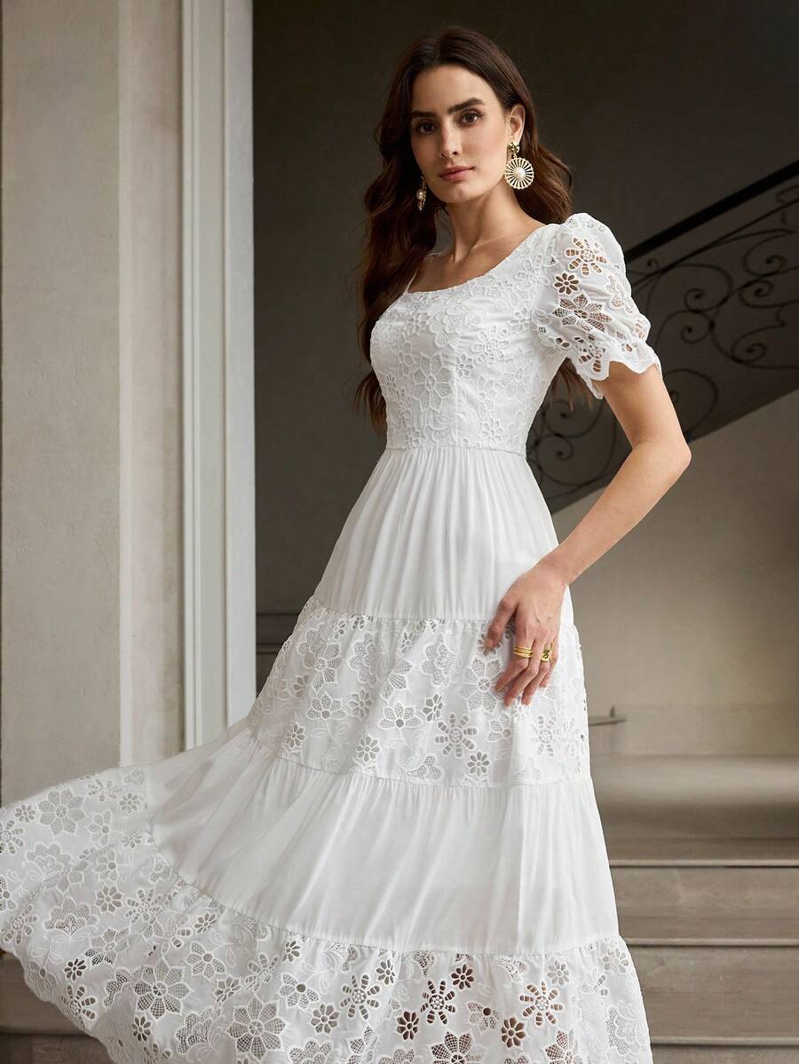 ZEYLAH Vestido elegante de mujer con cuello cuadrado, mangas cortas abullonadas y parches bordados - Blanco - Ver 1
