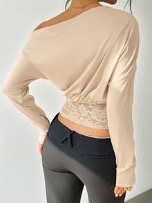Women's Lace Patchwork Oblique Shoulder Long Sleeve T-Shirt, Autumn/Winter Spring - Apricot - View 8
