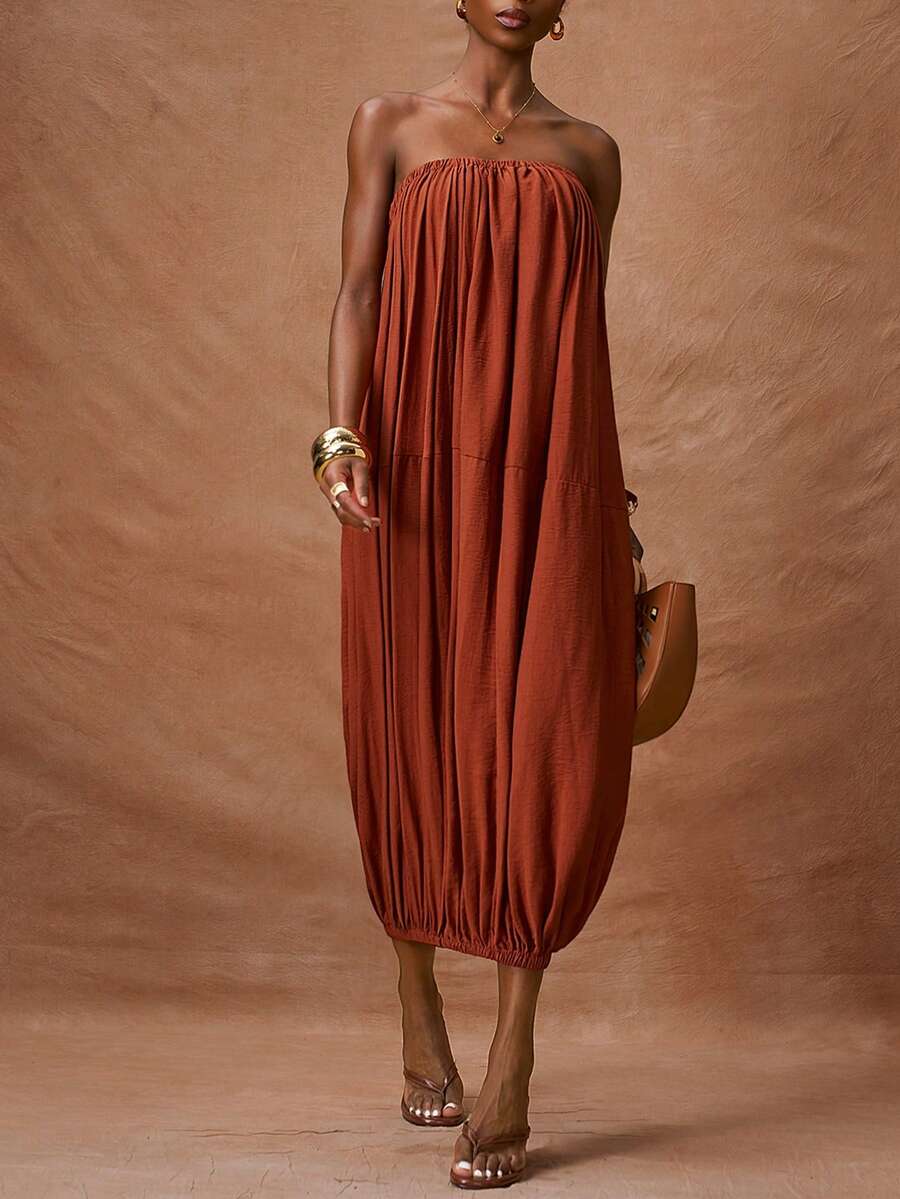 Zivah Women's Elegant Rust Brown Summer Dress,Strapless Ruched Waist Gathered Ruffle Maxi Dress,Boho Loose Solid Color Holiday Vacation Party Midi Dress