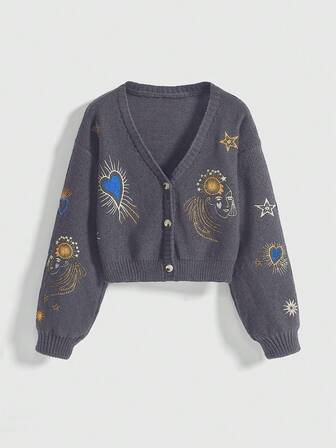 Grunge Punk Vintage Heart Portrait & Star Moon Embroidery Loose Cropped Knit Cardigan