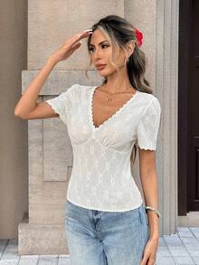 Pariaura Women's Textured Wavy Trim Cinched Waist Short Sleeve T-Shirt - Beige - View 4