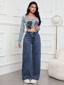 SHEIN ICON Women's Solid Color Casual Denim Jeans - Blue - View 6