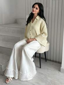 Solavon 女士纯色落肩长袖单排扣休闲宽松衬衫 - 鵝黃色 - 查看 4