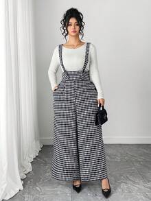 SHEIN PETITE CURVE 新款千鸟格休闲通勤优雅大码女式连体裤 - 黑與白 - 查看 3