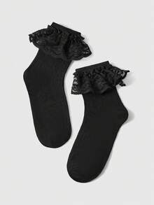 ROMWE 女士纯色荷叶边中筒袜 - 黑色A6 - 查看 3