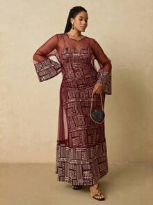 Travachic Conjunto de 2 piezas de vestido de punto con camisola y chal de malla con patrón geométrico africano para mujer de talla grande - Burdeos - Ver 8
