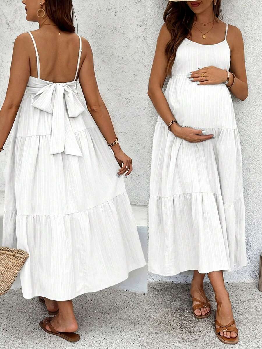 Maternity Solid Color Bowknot Decor Cami Dress - White - View 1