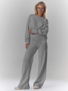 MUSERA Mid Rise Soft Knit Embroidered Wide Leg Trousers Bottom Only Fall Autumn Cosy Cute Casual Coffee Club New Year Thanksgiving Spring - Grey - View 5