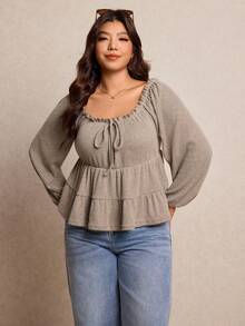 Elaquor Áo thun dài tay cỡ lớn dành cho nữ, cổ bèo nhún, phối nhiều mảnh, màu mơ, kiểu dáng thường ngày đa năng. - Màu be - Xem 5