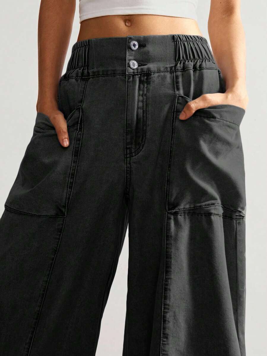 Bohemela Women's Casual Solid Color Woven Loose Wide Leg Pants - Black - View 1