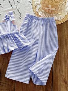 SHEIN LMoss Kids Babygirl Summer Cute Pink Striped Camisole Top And Elastic Waist Pants Set - Blue - View 6