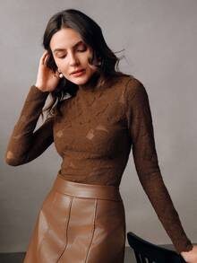 Anewsta Elegante, de moda, sexy y versátil, camiseta interior de encaje transparente y texturizada de manga larga, adecuada para otoño, invierno, primavera, Año Nuevo, fiestas, bodas - Marrón - Ver 5