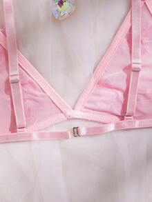 浪漫、纯净、性感 3D 蝴蝶装饰网纱文胸+丁字裤女士性感内衣套装 - 粉色 - 查看 5