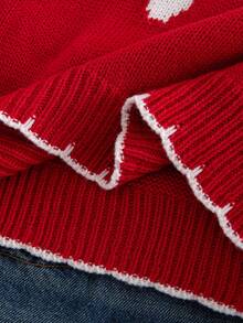 SHEIN Tween Girl Bow Jacquard Crew Neck Loose Fit Casual Sweater, Bow Sweater Tween Girls Cute Sweaters, Sweater With Bows - Red and White - View 6