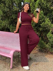 SHEIN EZwear Conjunto de top y pantalones de punto texturizado con cordón, informal y de talla grande - Burdeos - Ver 10
