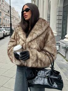 Aloruh Chaqueta corta de invierno versátil de manga larga con falso pelo para mujer - Albaricoque - Ver 3