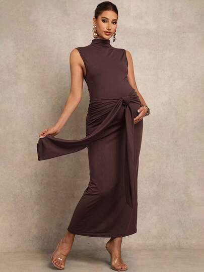 MaterniChic Maternity Solid Color Stand Collar Tie-Waist Sleeveless Fashionable Dress