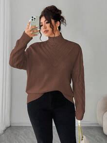 Elenzga pull femme grande taille col V couleur unie, hiver - Marron - Voir 6