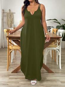 SHEIN Tall 优雅通勤及晚间休闲无袖V领宽松长连衣裙，面料舒适，百搭，黑色，大码及高个款 - 軍綠色 - 查看 5