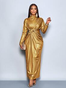 SOLERSUN Váy dự tiệc thu/đông cho nữ, vải dệt kim bóng, kim sa vàng, cổ cao, cổ đứng, tay áo trễ vai, tay dài, nút kim loại, trang trí, xếp nếp, khóa kéo sau, viền rộng, váy maxi - Vàng - Xem 5