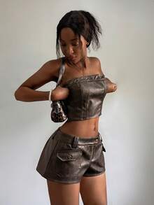 StreetHx 女士Y2K风格街头风两件套，休闲黑色朋克复古装扮 - 巧克力棕 - 查看 2