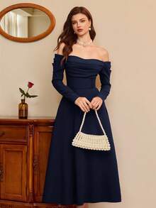 Vintamour Vintage Elegant Navy Blue Midi Formal Dress For Women,Autumn Dining Christmas Party Outfit,Off Shoulder Long Sleeve New Year's Eve Graduation Dresses - Navy Blue - View 4